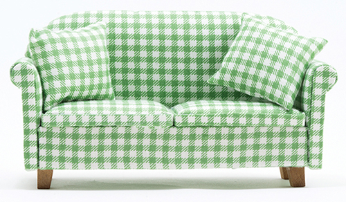 Dollhouse Miniature Sofa with Pillows, Green/White Checked